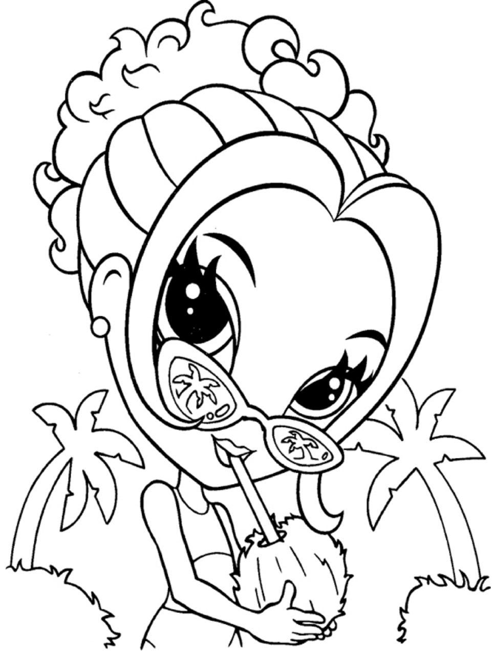 Dibujo de Lisa Frank Chica Bebiendo Agua de Coco para Colorear y Imprimir