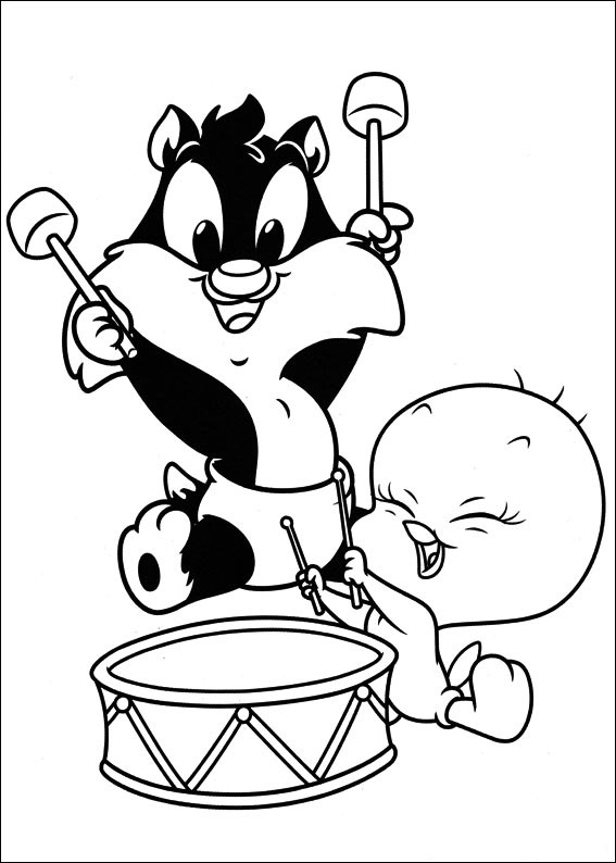 Dibujo de Bebé Silvestre y Piolín Tocando El Tambor para Colorear y Imprimir