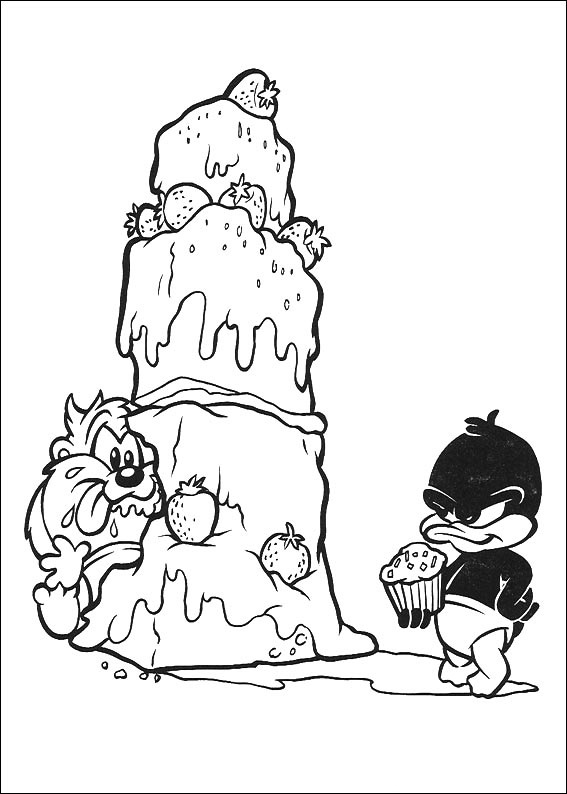 Dibujo de Bebé Taz y Daffy Con Pastel Grande para Colorear y Imprimir