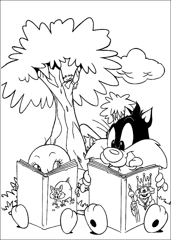 Dibujo de Tweety y Sylvester Leyendo para Colorear y Imprimir