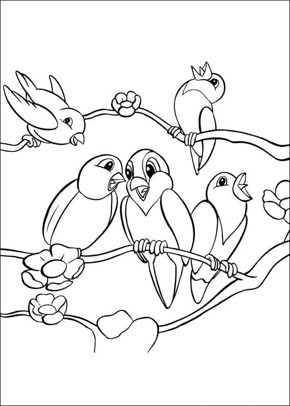 dibujo cinco loros en arbol de rama para colorear