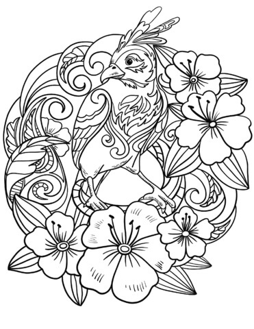 dibujo loro sentado en las flores para colorear