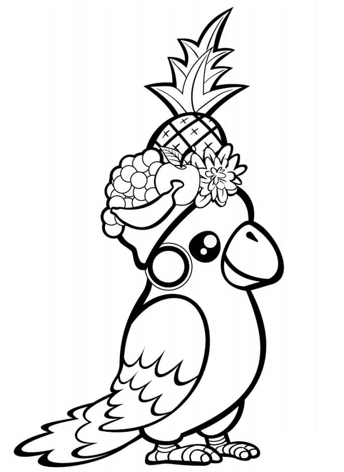 dibujo papagaio com chapeu de frutas para colorear