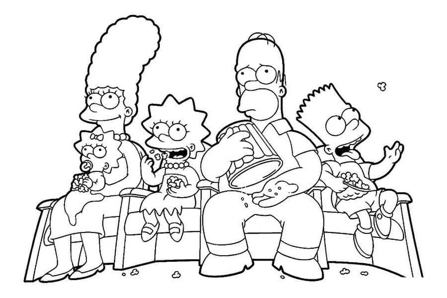 Dibujo de Familia Simpsons Viendo La Película para Colorear y Imprimir