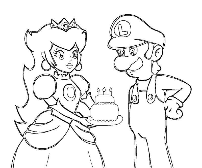 Dibujo de Dibujo Melocotón Con Pastel de Cumpleaños y Luigi para Colorear y Imprimir