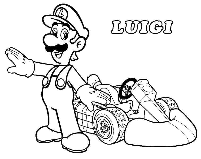 Dibujo de Divertido Luigi y Coche para Colorear y Imprimir
