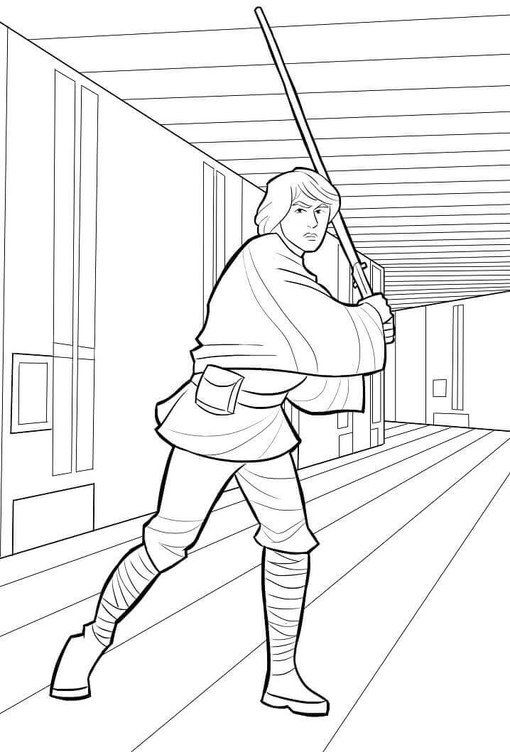 Dibujo de Luke Skywalker Sosteniendo Un Sable de Luz para Colorear y Imprimir
