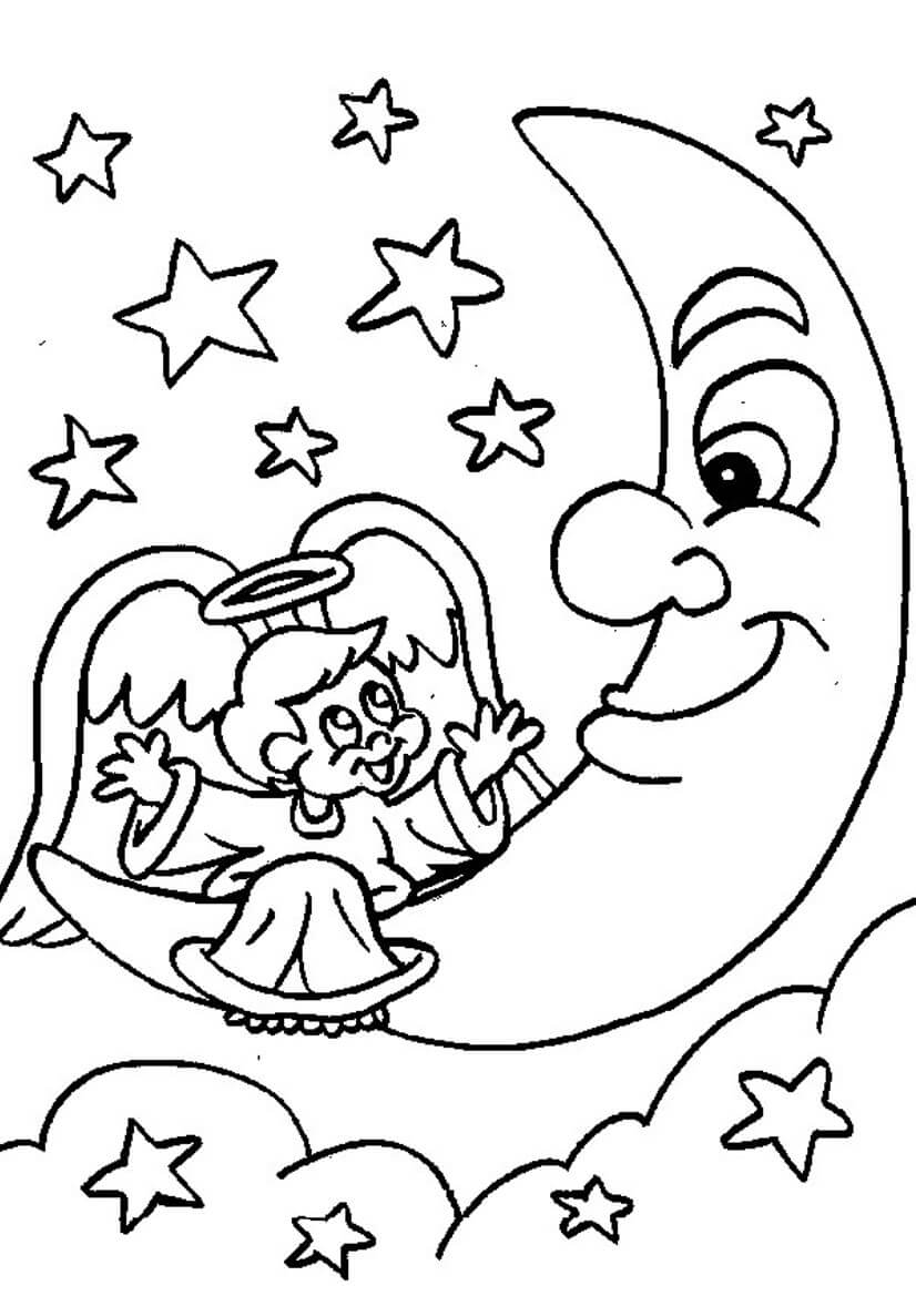 Dibujo de Ángel Con Luna para Colorear y Imprimir