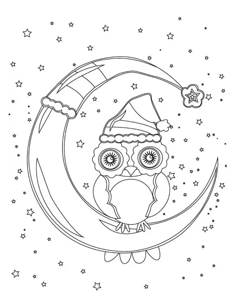 Dibujo de Búho de Navidad En La Luna para Colorear y Imprimir