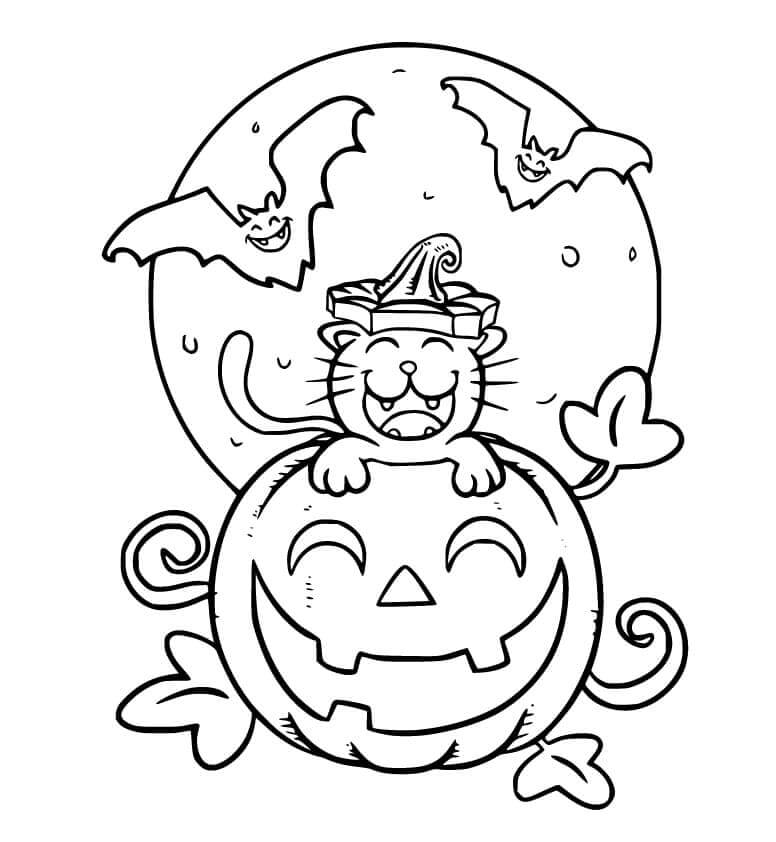Dibujo de Gato de Halloween Con Luna y Murciélago para Colorear y Imprimir