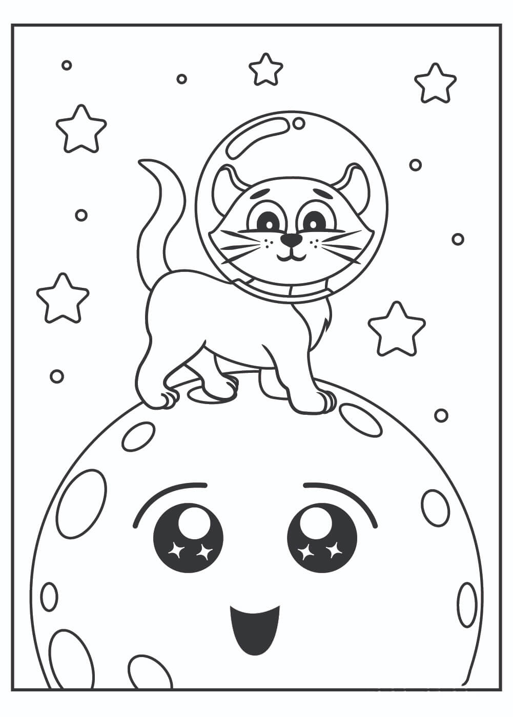 Dibujo de Gato Parado En La Luna para Colorear y Imprimir