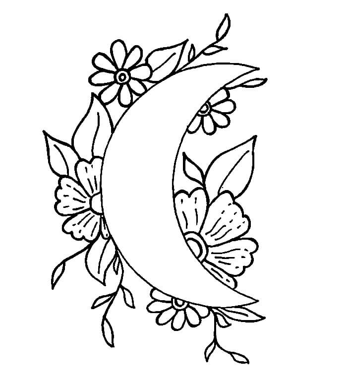Dibujo de Luna Con Flores para Colorear y Imprimir
