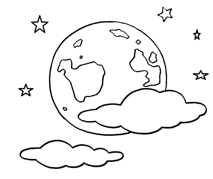 Dibujo de Luna Con Nubes y Estrellas para Colorear y Imprimir
