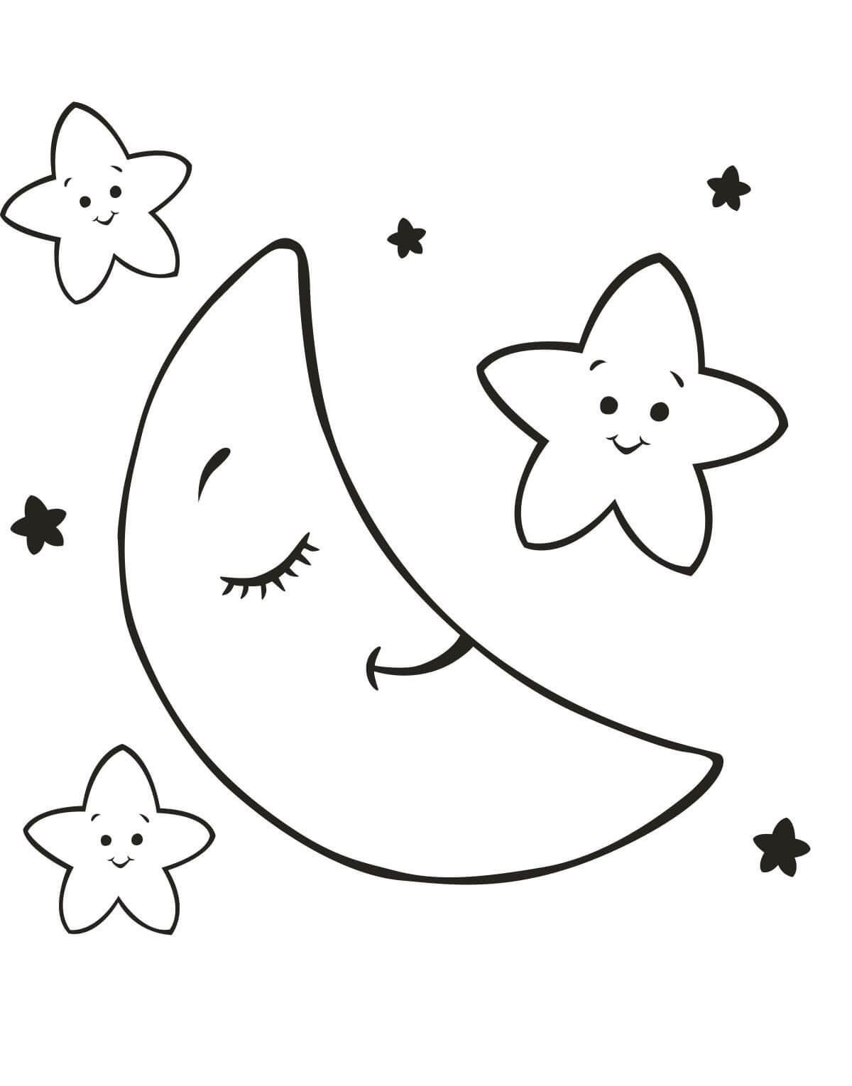 Dibujo de Luna de Dibujos Animados y Tres Estrellas para Colorear y Imprimir
