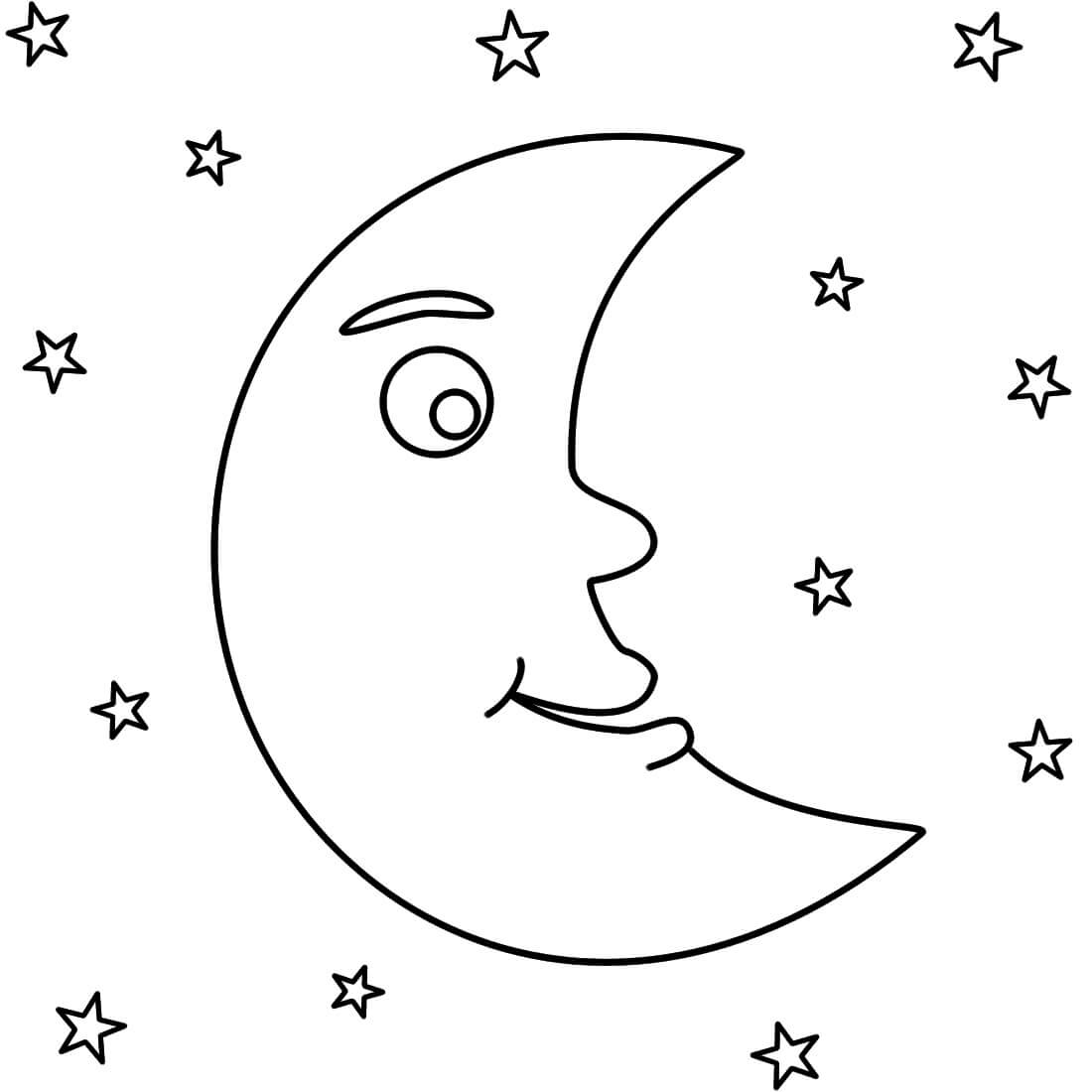 Dibujo de Luna Divertida Con Estrellas para Colorear y Imprimir