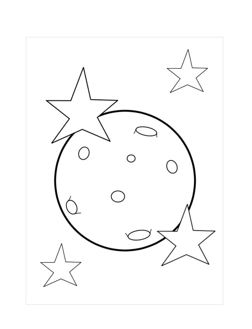Dibujo de Luna Llena Con Cuatro Estrellas para Colorear y Imprimir