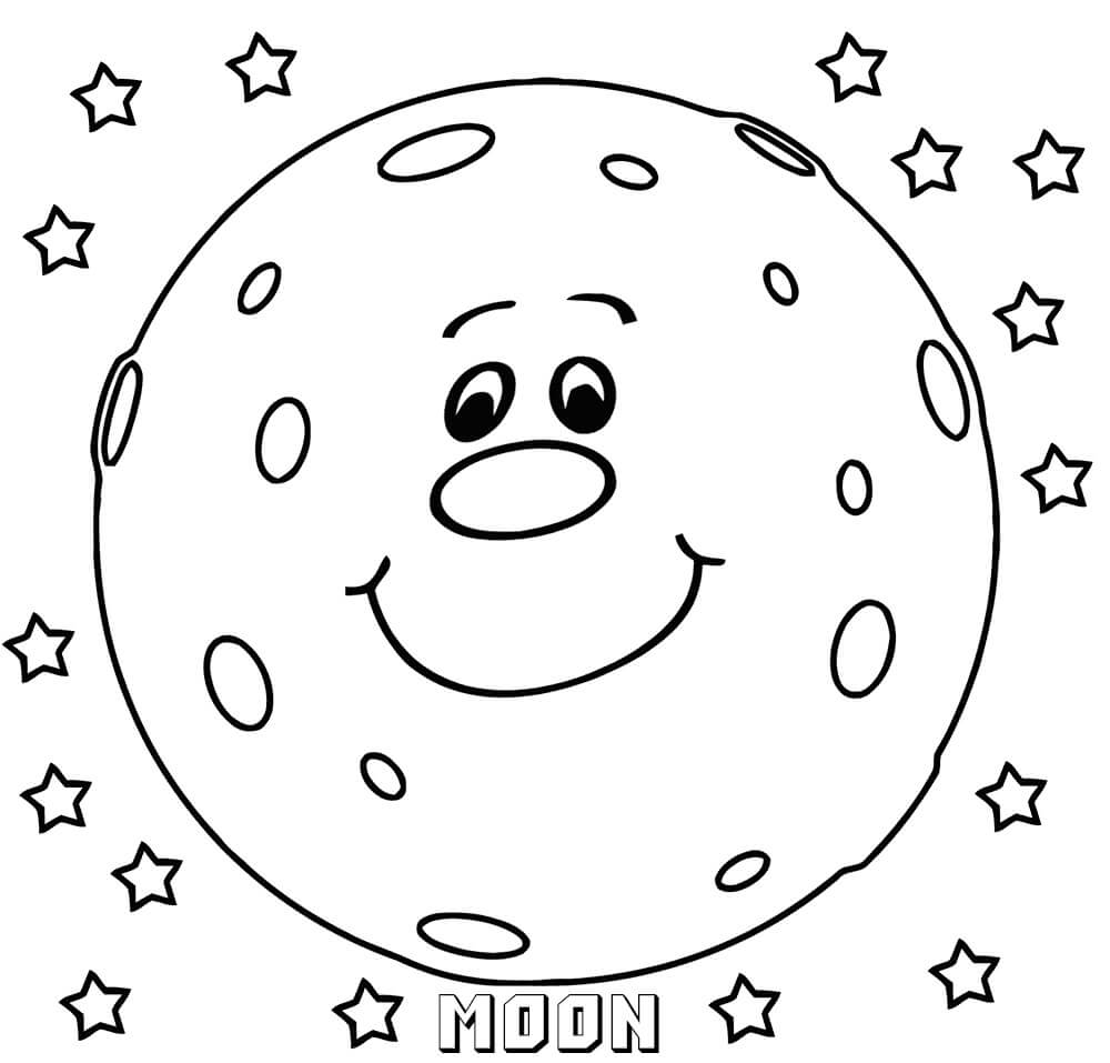 Dibujo de Luna Sonriente Con Estrellas para Colorear y Imprimir