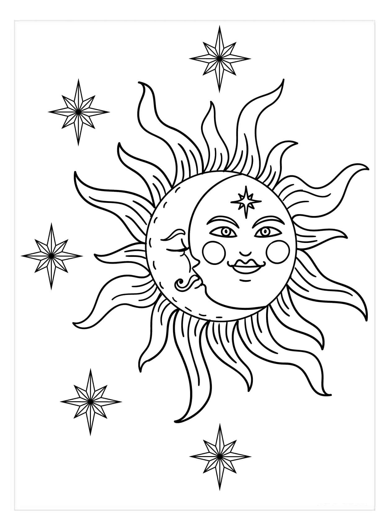 Dibujo de Sol y Luna Vintage para Colorear y Imprimir