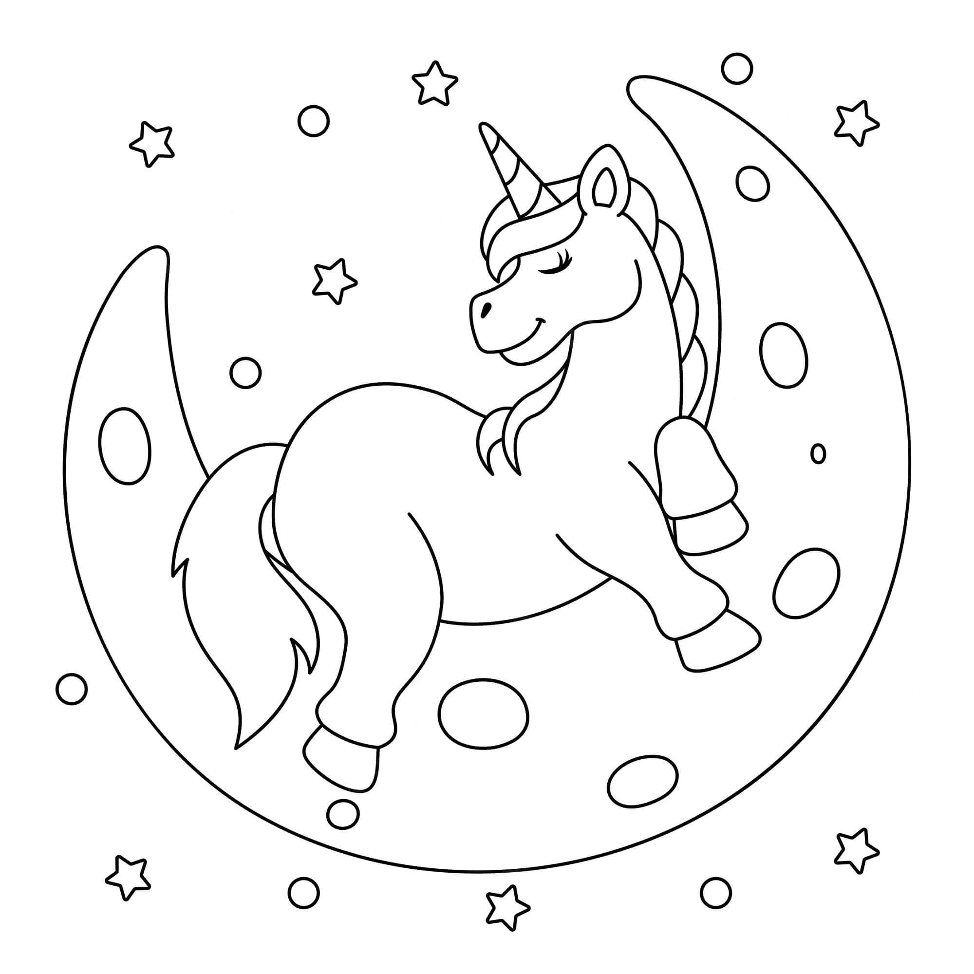 Dibujo de Unicornio Con Luna para Colorear y Imprimir