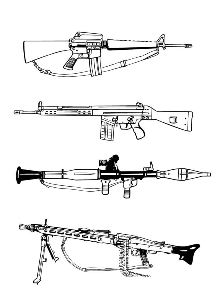 Dibujo de Ametralladora y Tres Grandes Armas para Colorear y Imprimir