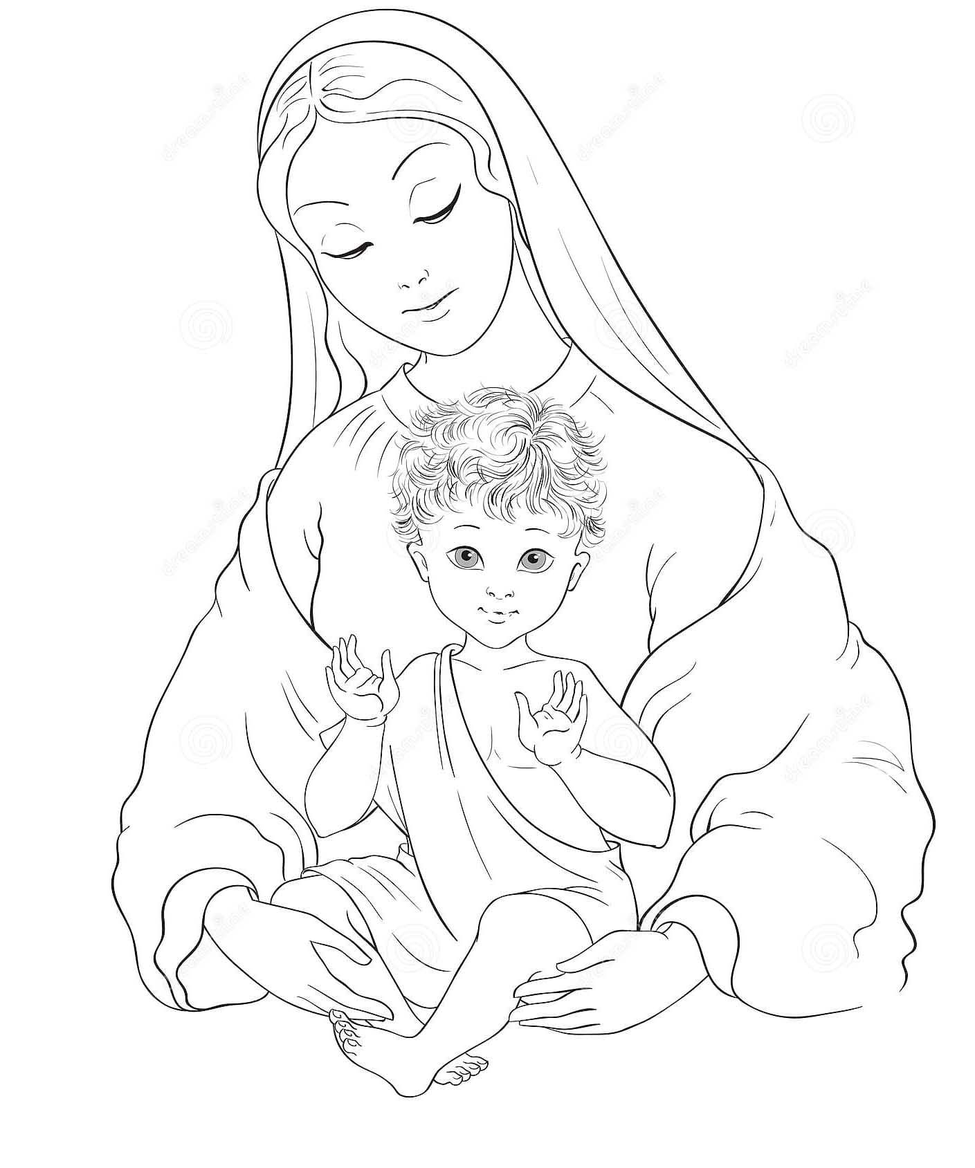 Dibujo de Madonna Child Blessed Virgin Mary Baby Jesús Vector Cartoon Coloring Page 164484068 para Colorear y Imprimir