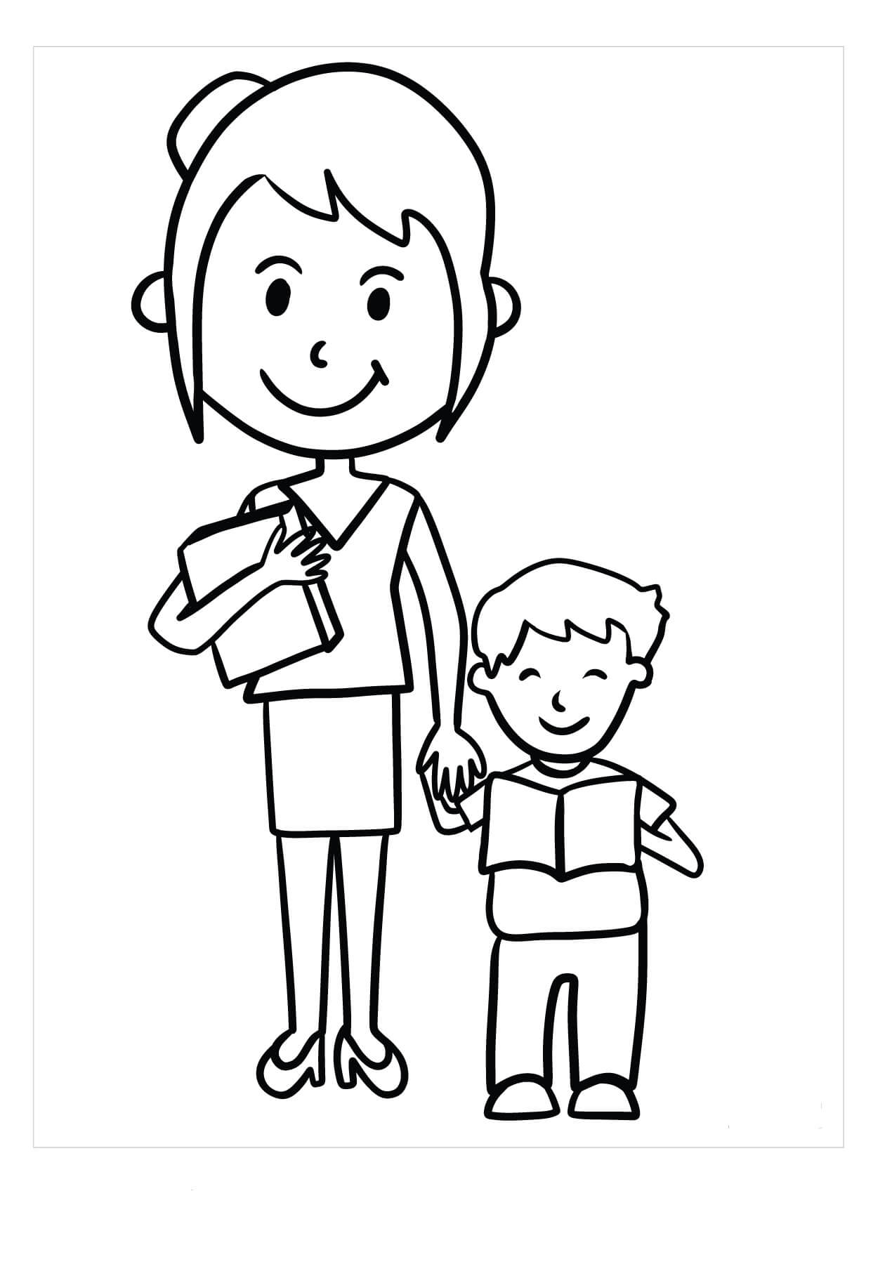 Dibujo de Profesora y Estudiante Sonriendo para Colorear y Imprimir