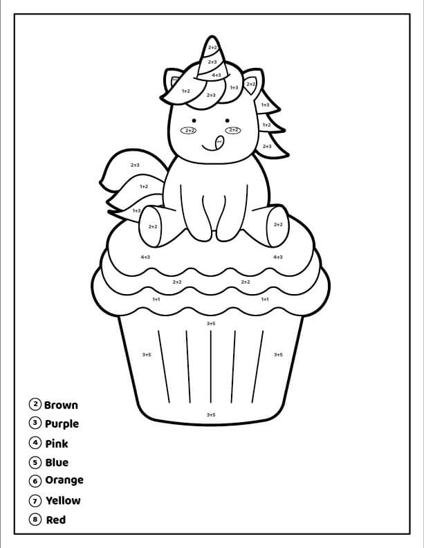 Dibujo de Colorear por Números Cupcake de Unicornio para Colorear y Imprimir