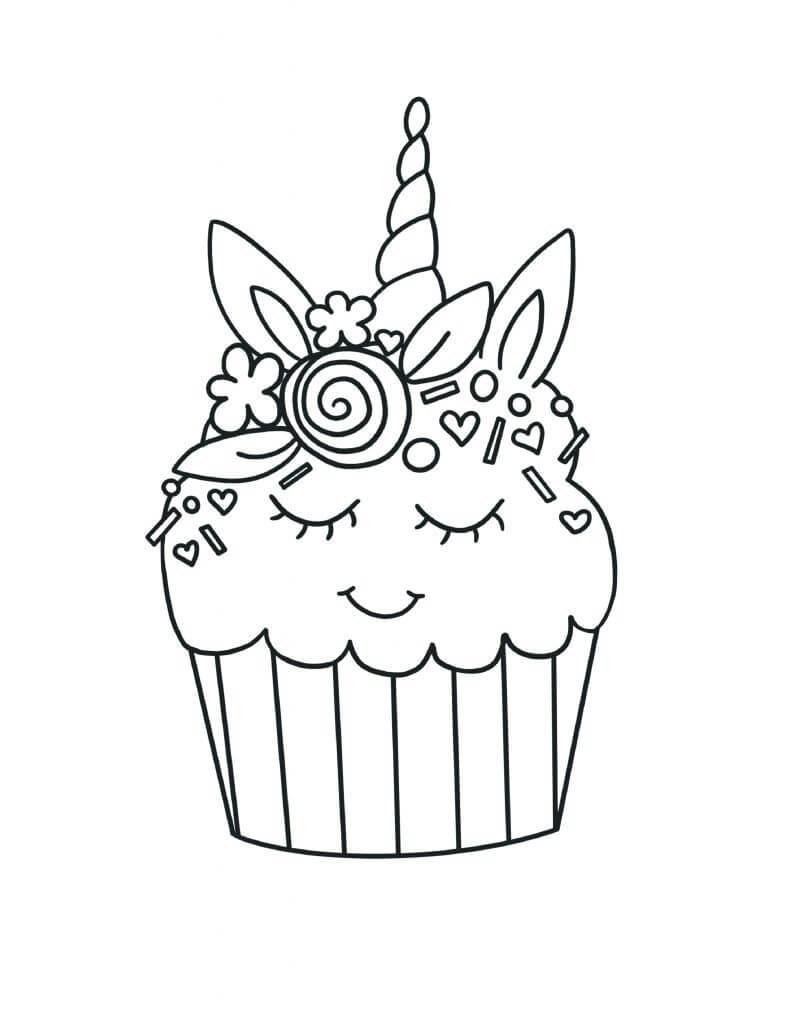 Dibujo de Cupcake Unicornio Sonriendo para Colorear y Imprimir