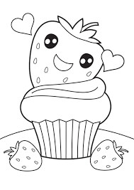 Dibujo de Dibujos Animados de Fresa En Cupcake para Colorear y Imprimir