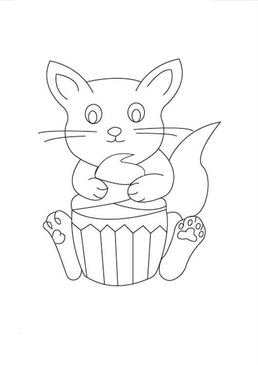 Dibujo de Gran Gato En Cupcake para Colorear y Imprimir
