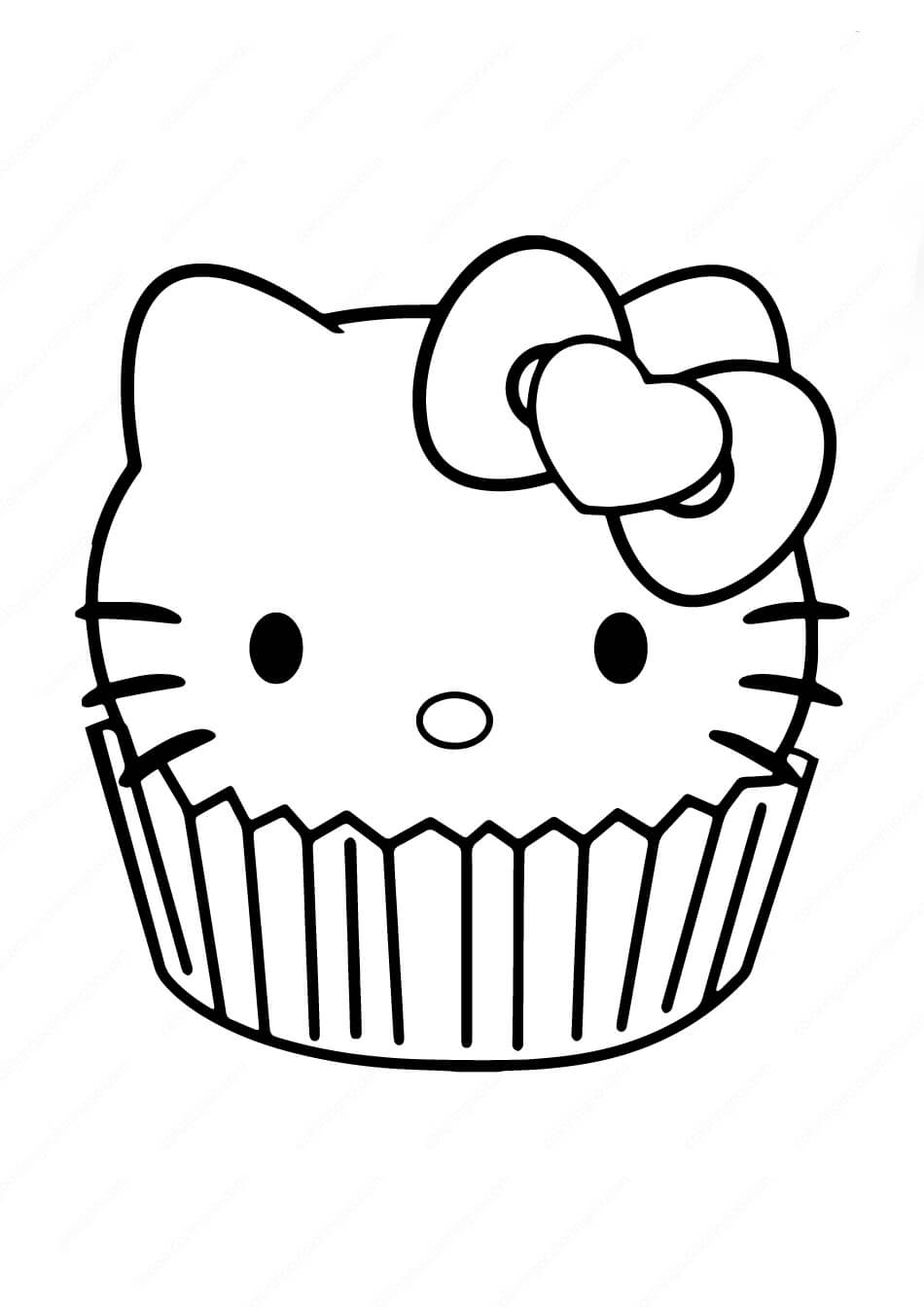 Dibujo de Hola Gatito En Cupcake para Colorear y Imprimir