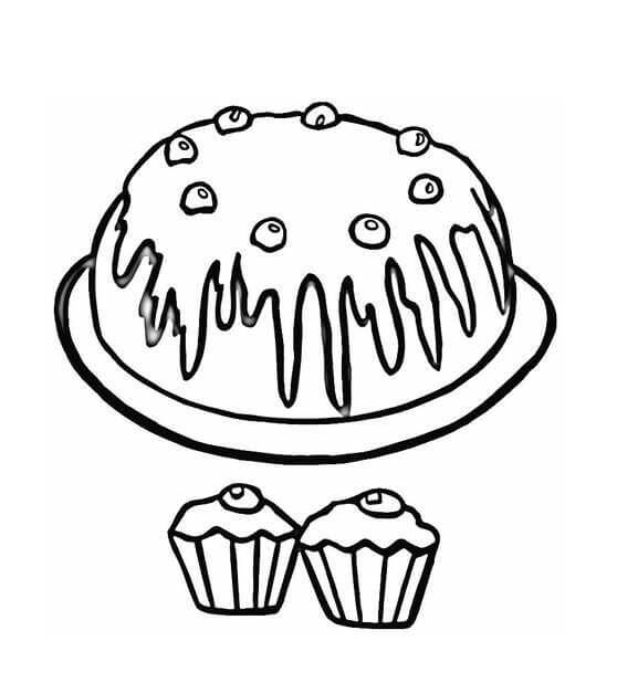 Dibujo de Torta de Cumpleaños y dos Cupcakes para Colorear y Imprimir