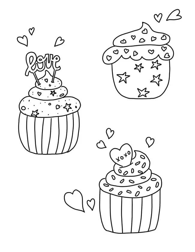 Dibujo de Tres Cupcakes En San Valentín para Colorear y Imprimir