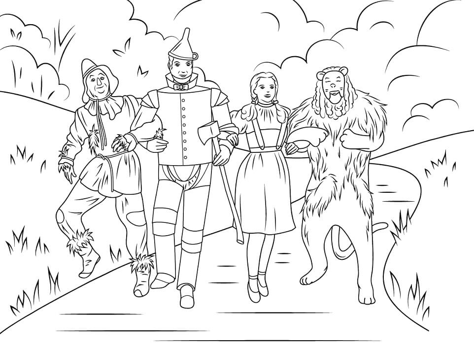 Dibujo de Espantapájaros Hombre de Hojalata Dorothy y León Cobarde para Colorear y Imprimir