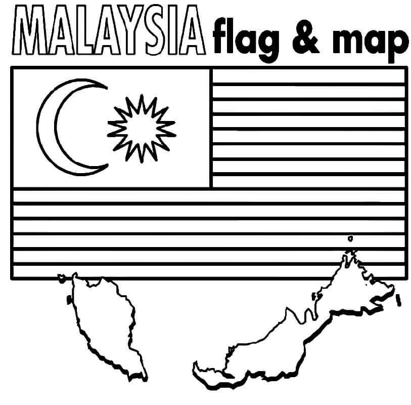 Dibujo de Bandera y Mapa de Malasia para Colorear y Imprimir