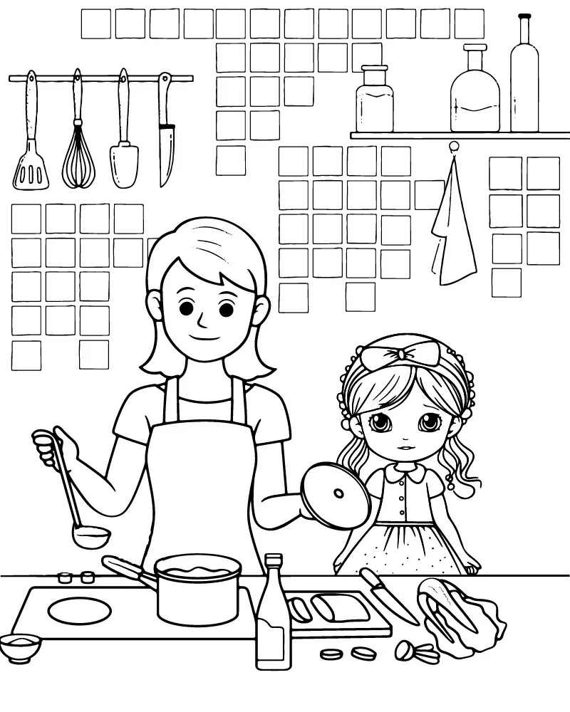 Dibujo de Imgi 12 Mom And Daughter Cookingpng para Colorear y Imprimir