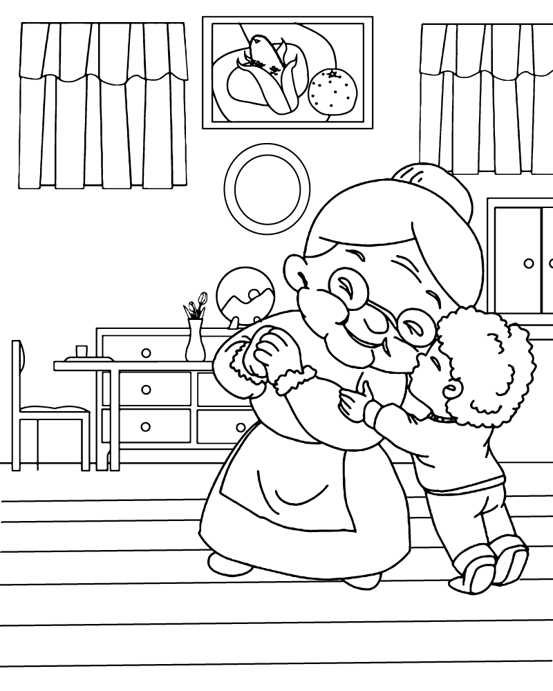 Dibujo de Grandkid Kissing Grandmother Coloring Page para Colorear y Imprimir