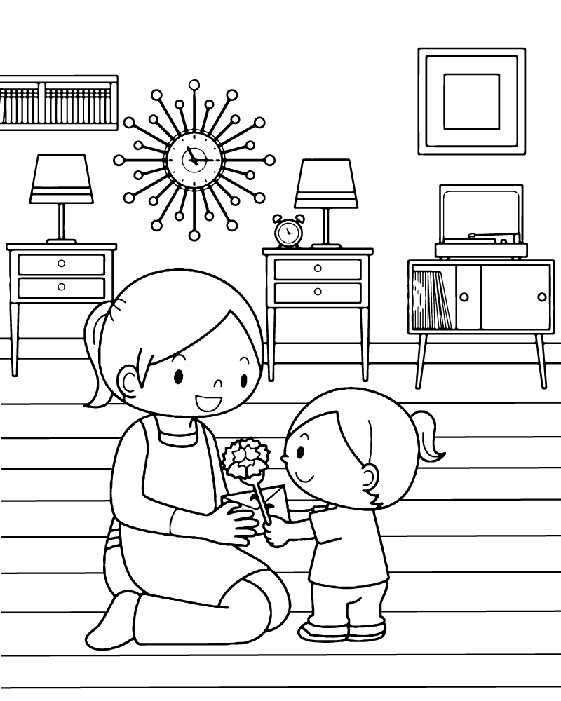 Dibujo de Kid Giving Flower To Mom Coloring Page para Colorear y Imprimir