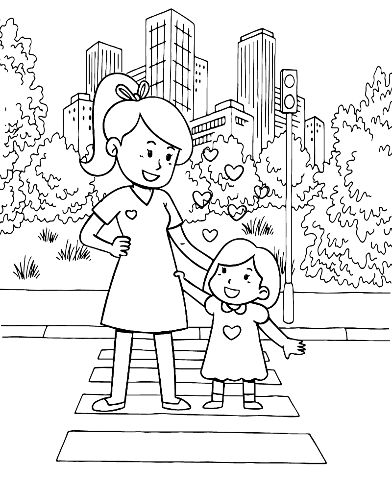Dibujo de Mom And Kid Crossing Pedestrian Coloring Page para Colorear y Imprimir