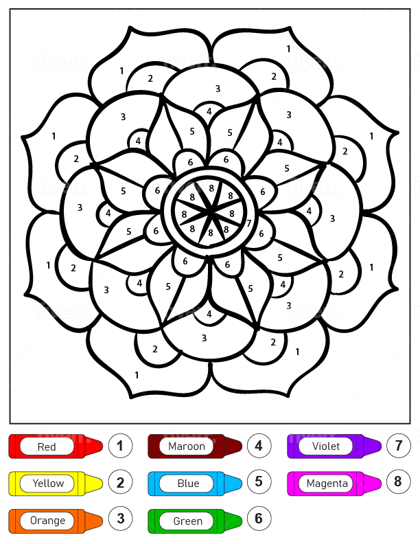 Dibujo de Colorear por Números Mándala de Flores para Niños para Colorear y Imprimir