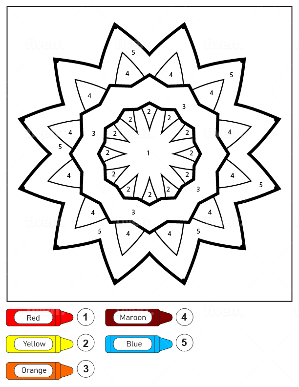Dibujo de Colorear por Números Un Patrón de Flores de Mándala para Niños Pagina para Colorear para Colorear y Imprimir