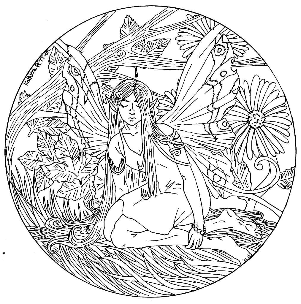 Dibujo de Hada Con Flor de Mandalas para Colorear y Imprimir
