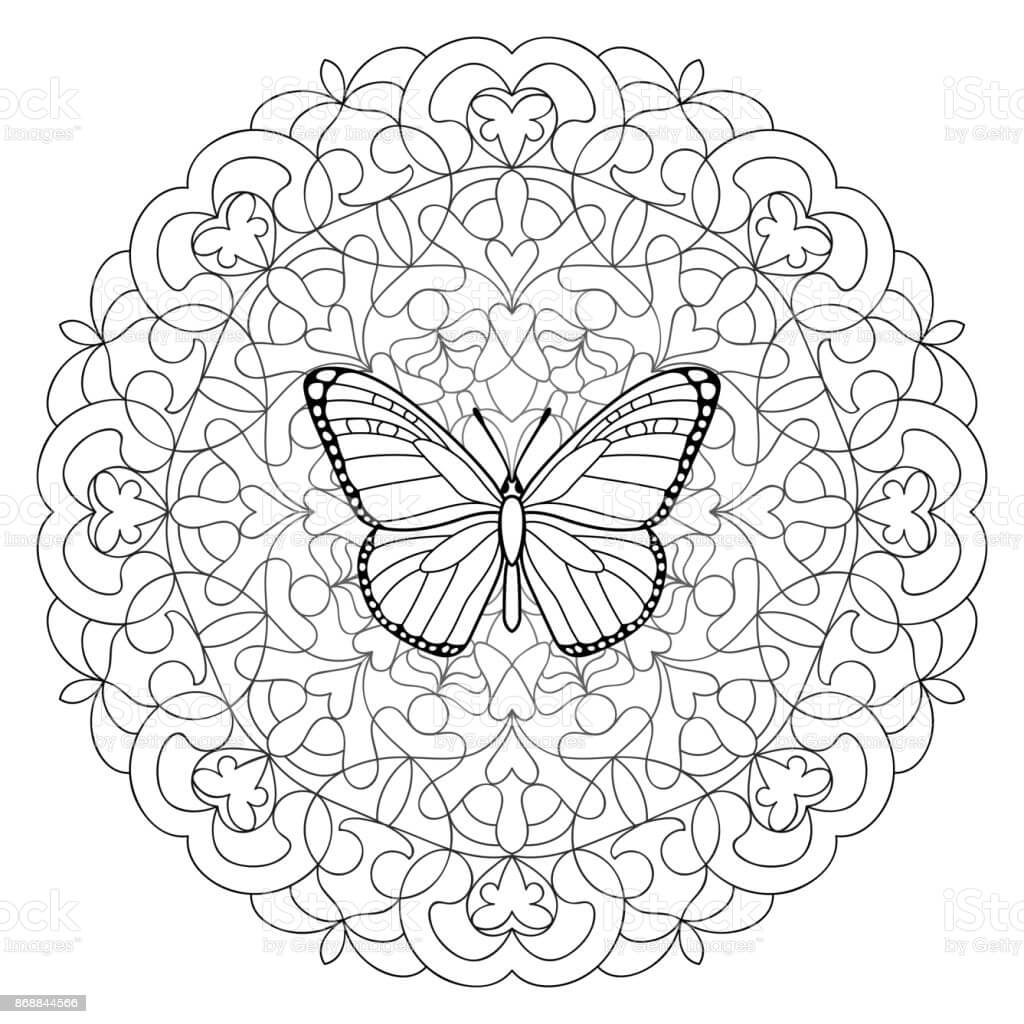 Dibujo de Mándala de Mariposa En Círculo para Colorear y Imprimir