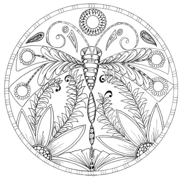 Dibujo de Mándala Floral Libélula para Colorear y Imprimir