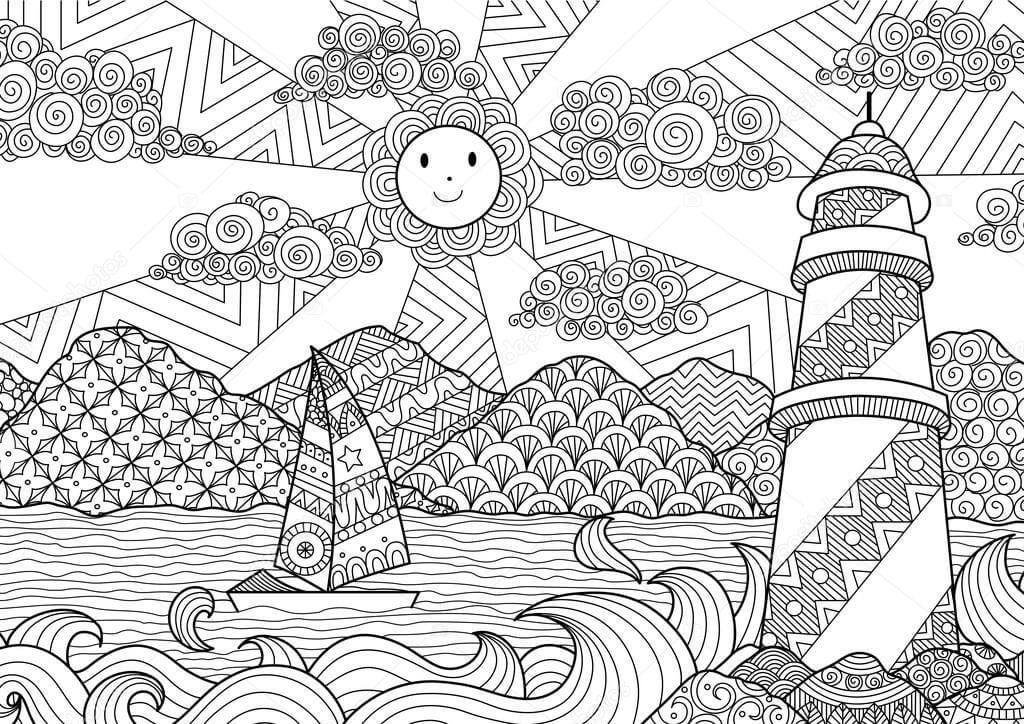 Dibujo de Mándala Hermoso Amanecer En El Mar para Colorear y Imprimir
