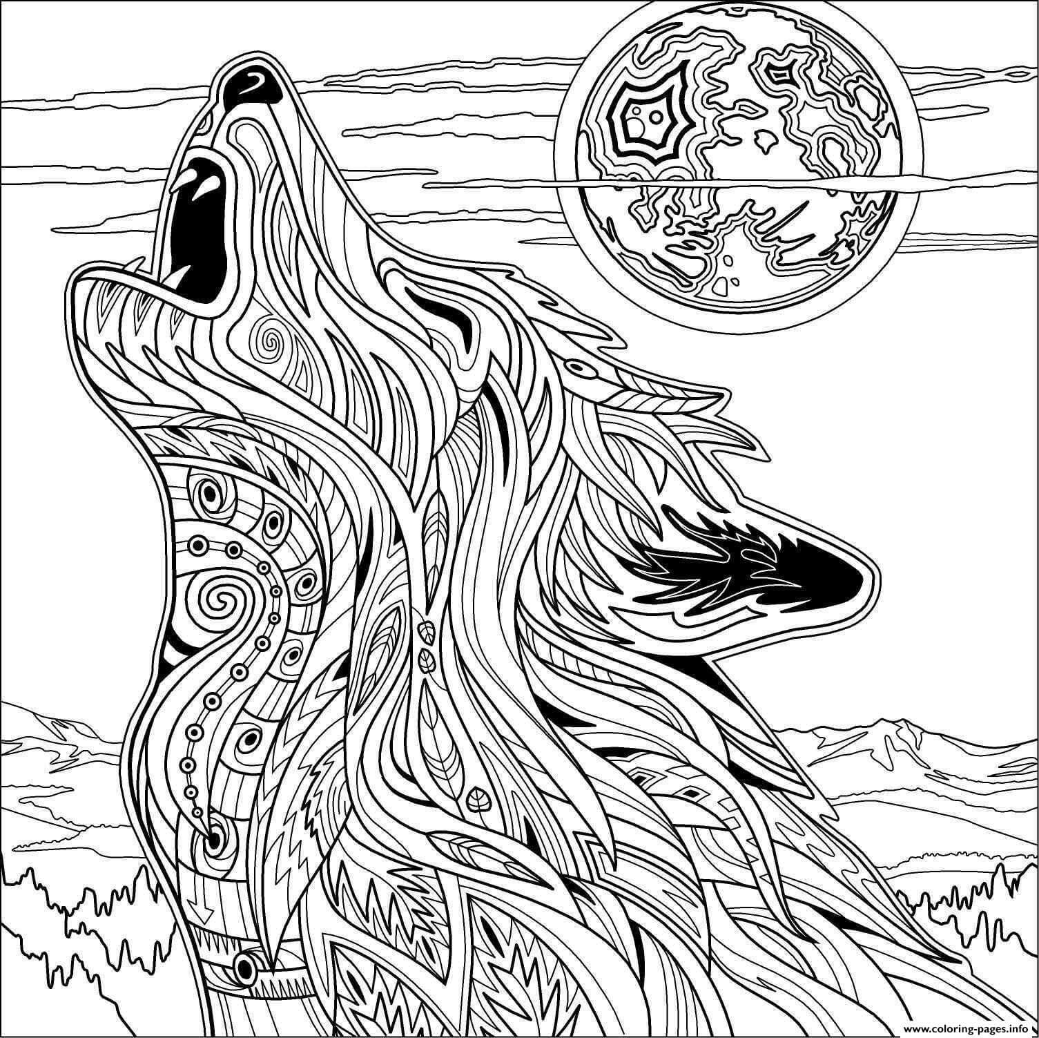 Dibujo de Mandalas Cara Lobo Aullando para Colorear y Imprimir