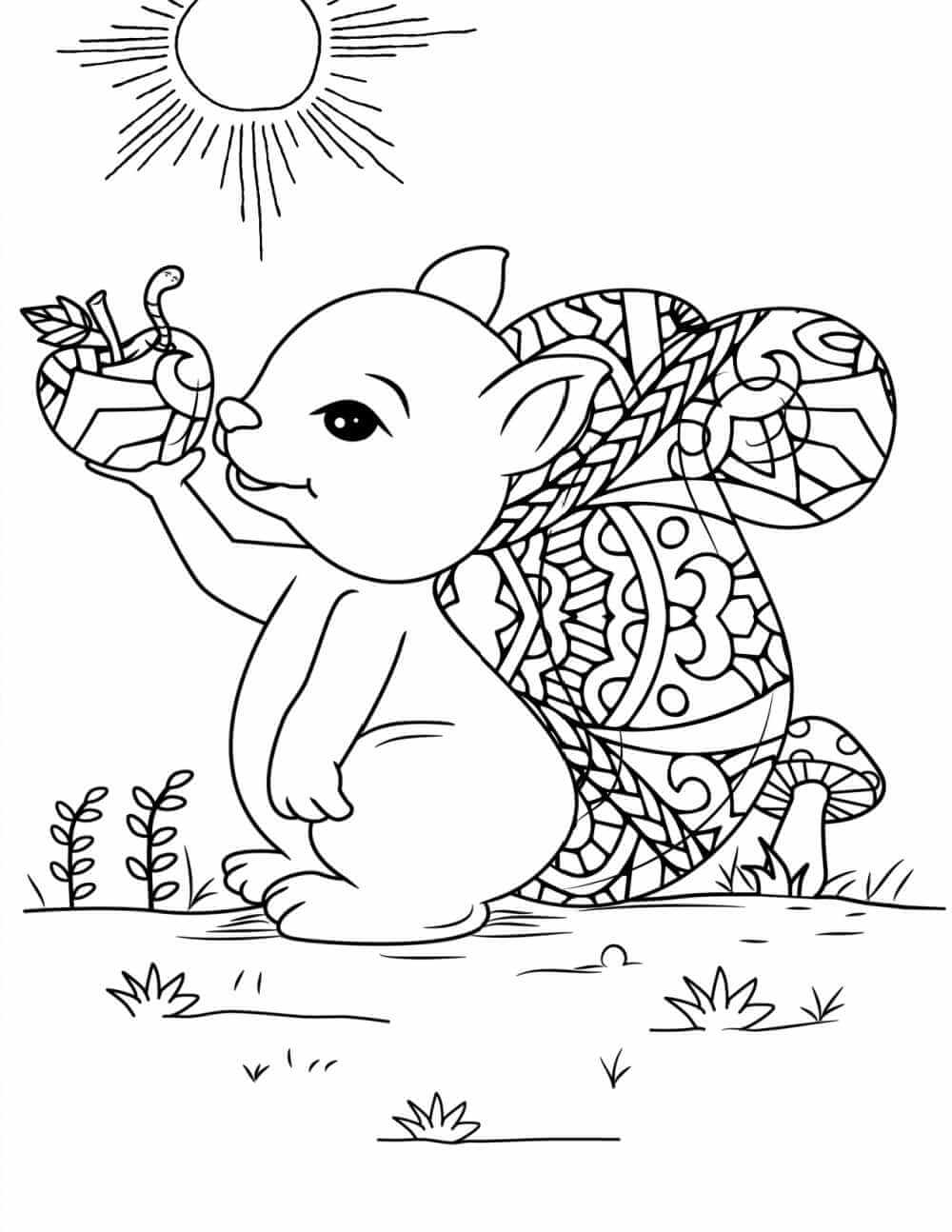 dibujo ardilla con una manzana para colorear