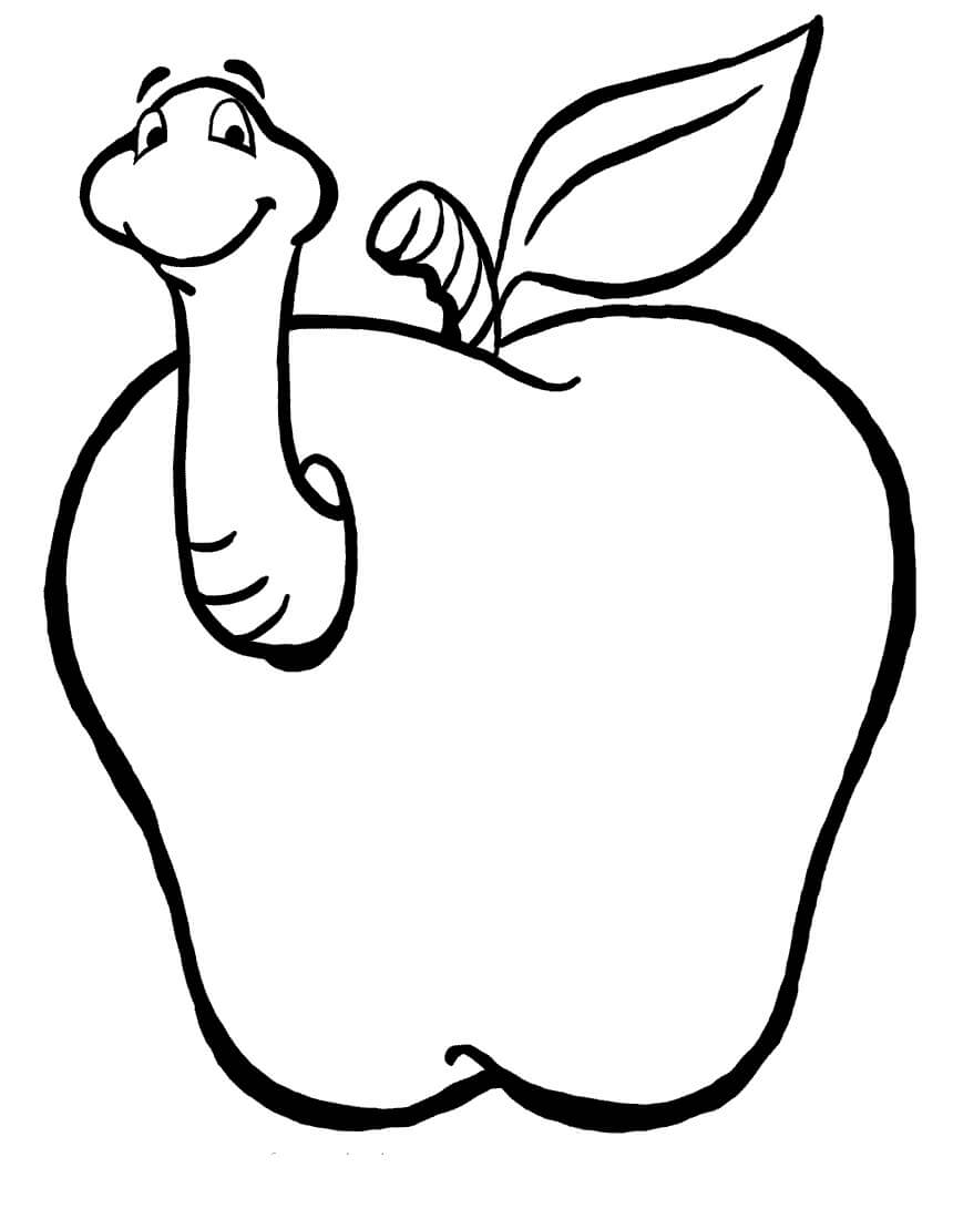 dibujo gusano en una manzana para colorear y pintar