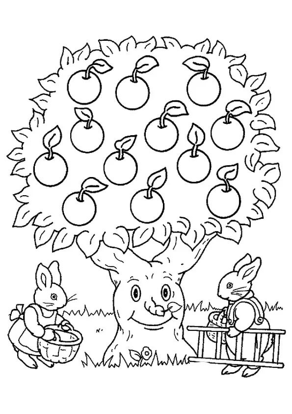 dibujo manzano y dos conejos para colorear