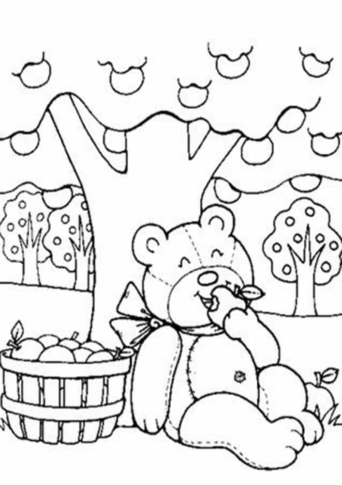 dibujo oso de peluche comiendo manzanas con manzano para colorear